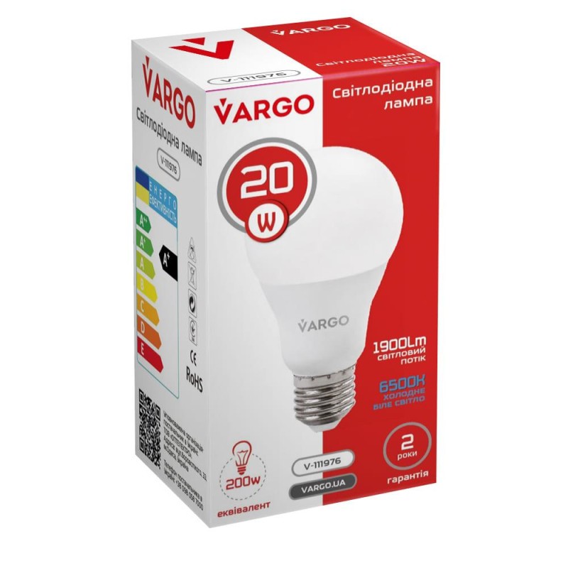 LED лампа VARGO A80 20W E27 1425lm 6000K (V-111976)