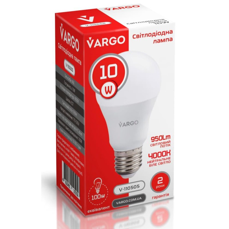 10 штук LED ламп VARGO A60 10W E27 4000K 950lm (V-110505)