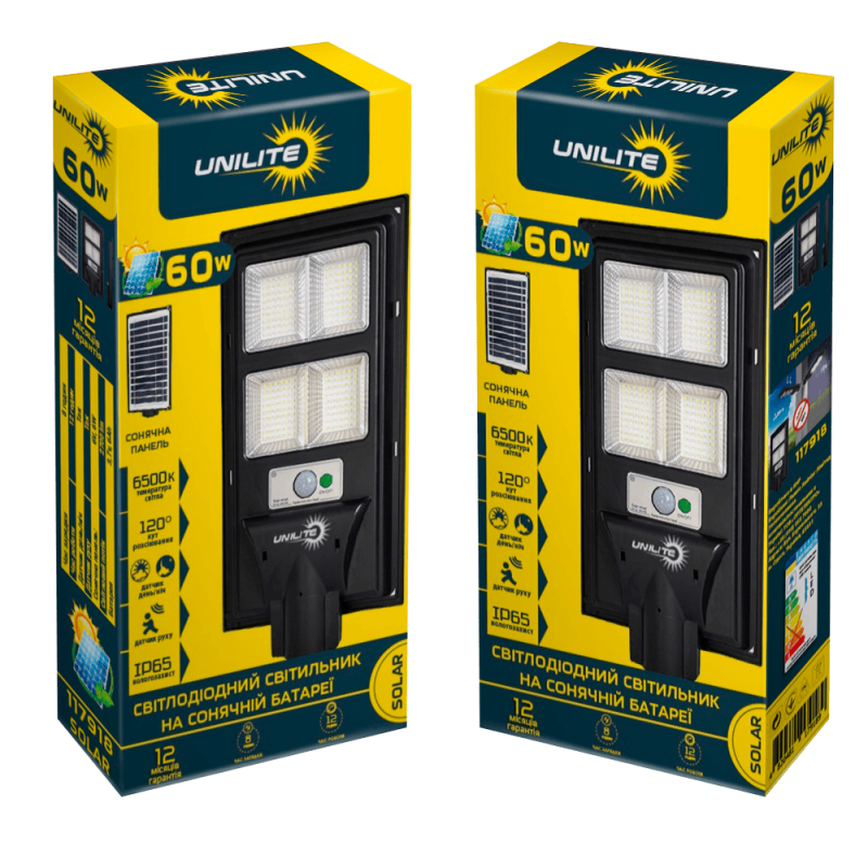 Светодиодный уличный светильник на солнечной батарее UNILITE 60W 6500K (117918)