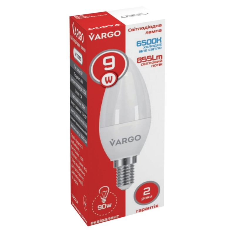 LED лампа VARGO C37 9W E14 855lm 6000K (V-117968)