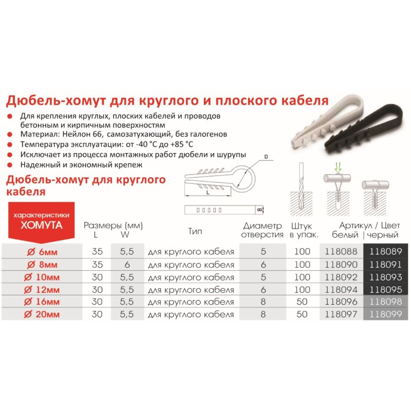 Дюбель-хомут VARGO для круглого кабеля Ø10мм, черный 100шт (V-118093)
