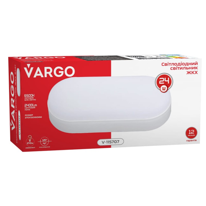 Свiтлодiодний свiтильник VARGO ЖКХ 24W 6500K 2400lm овал IP54 AC165-265V Розмір: 270х130х60мм (V-115707)