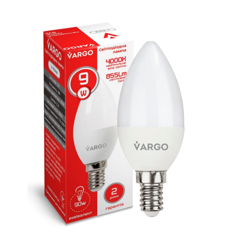 LED лампа VARGO C37 9W E14 855lm 4000K (V-111142)