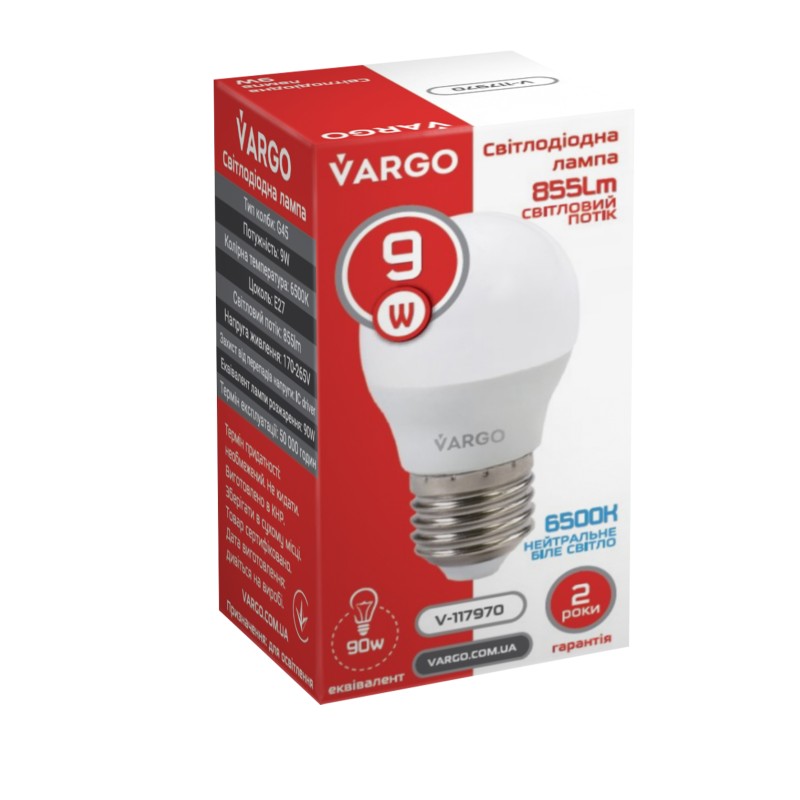 LED лампа VARGO G45 9W E27 855lm 6000K (V-117970)