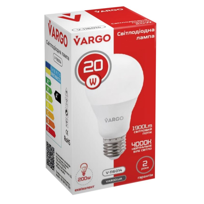 LED лампа VARGO A80 20W E27 1425lm 4000K (V-116014)