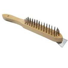 NovoTools Hand Metal Brush, Steel Wire with Scraper, Wooden Handle, 4x16